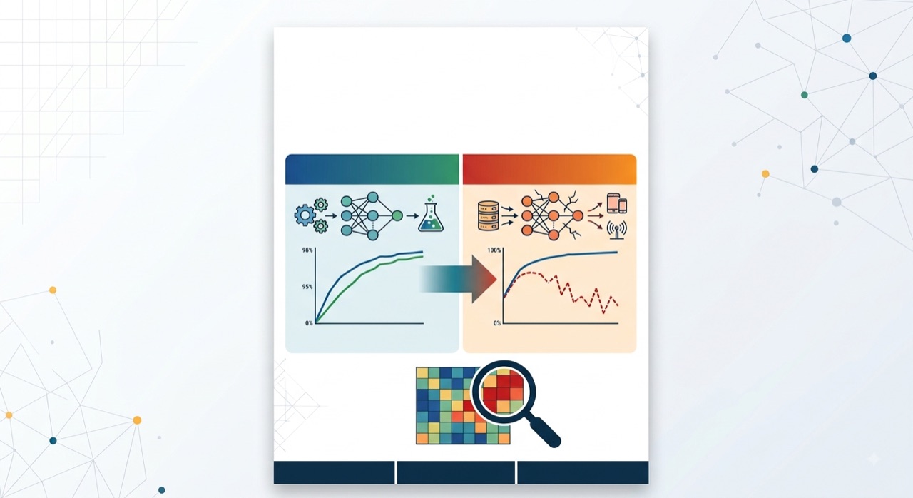 Lab versus production model behaviour side by side: clean converging accuracy curves in the lab, degraded and unstable curves in deployment, with a heatmap magnified to locate the failing regions.
